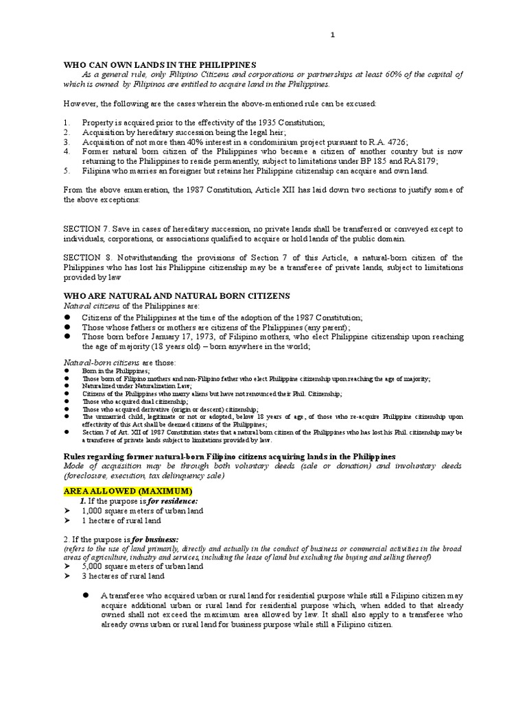 Who Can Own Lands in The Philippines 1. If The Purpose Is For