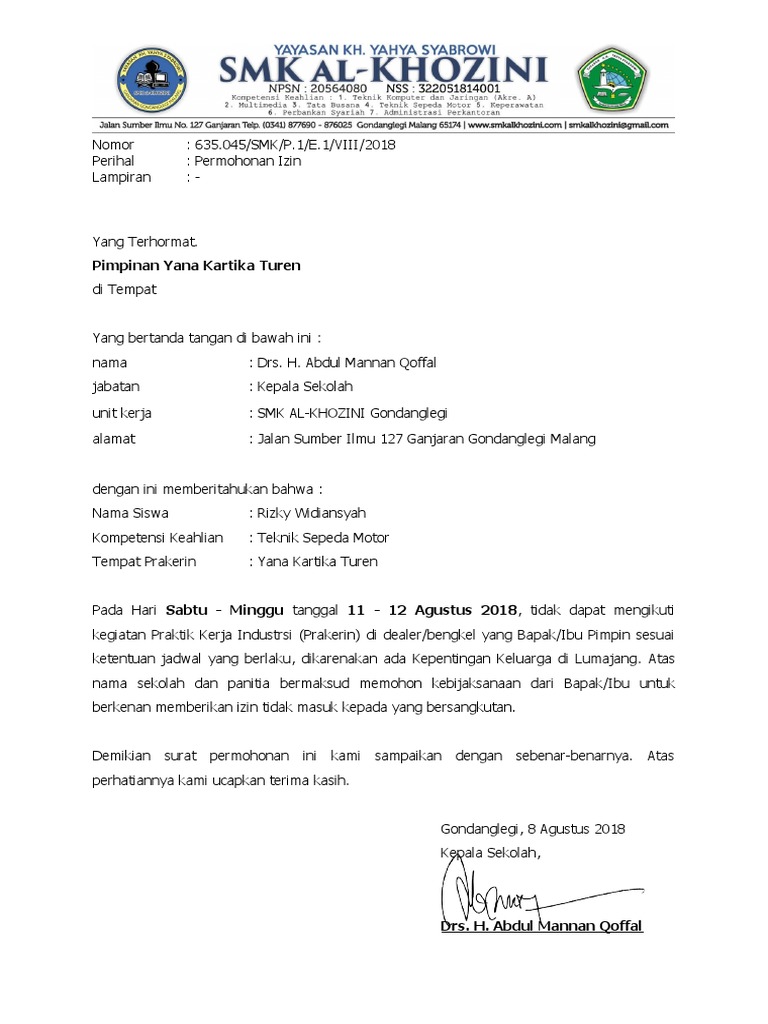 Contoh surat izin tidak masuk pkl