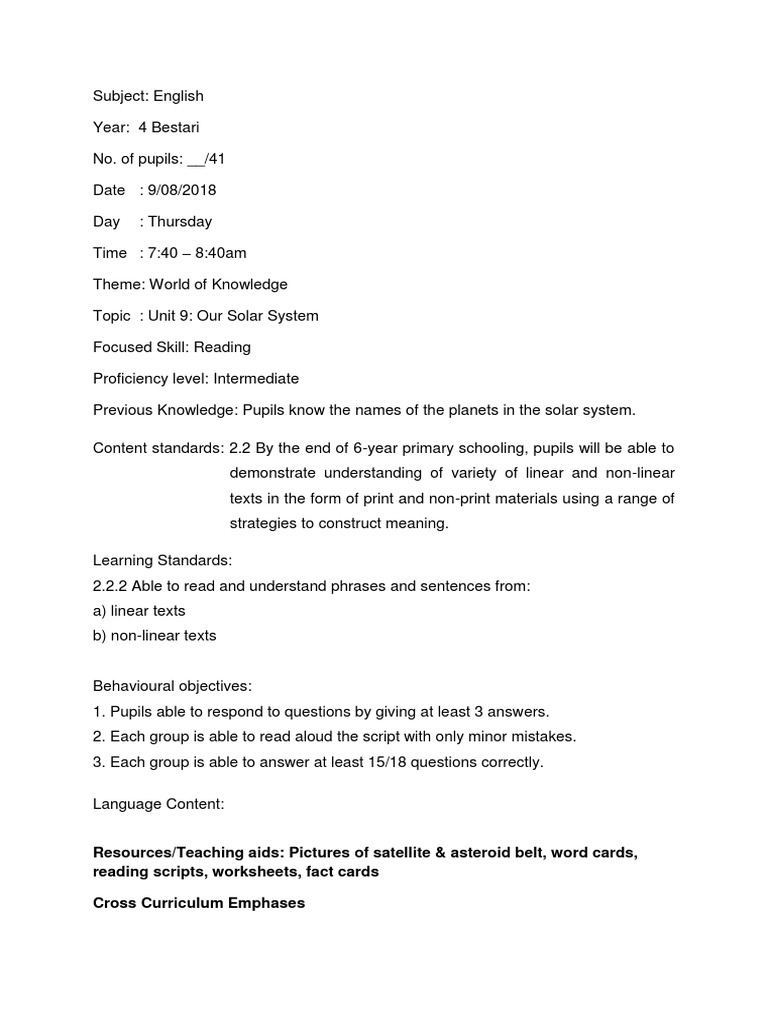 Unit 9 Solar System Reading Lp Reading Process Question