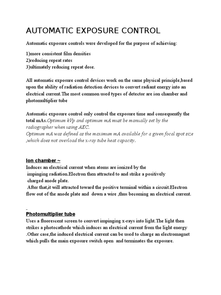 Automatic Exposure Control PDF Exposure (Photography) Electric
