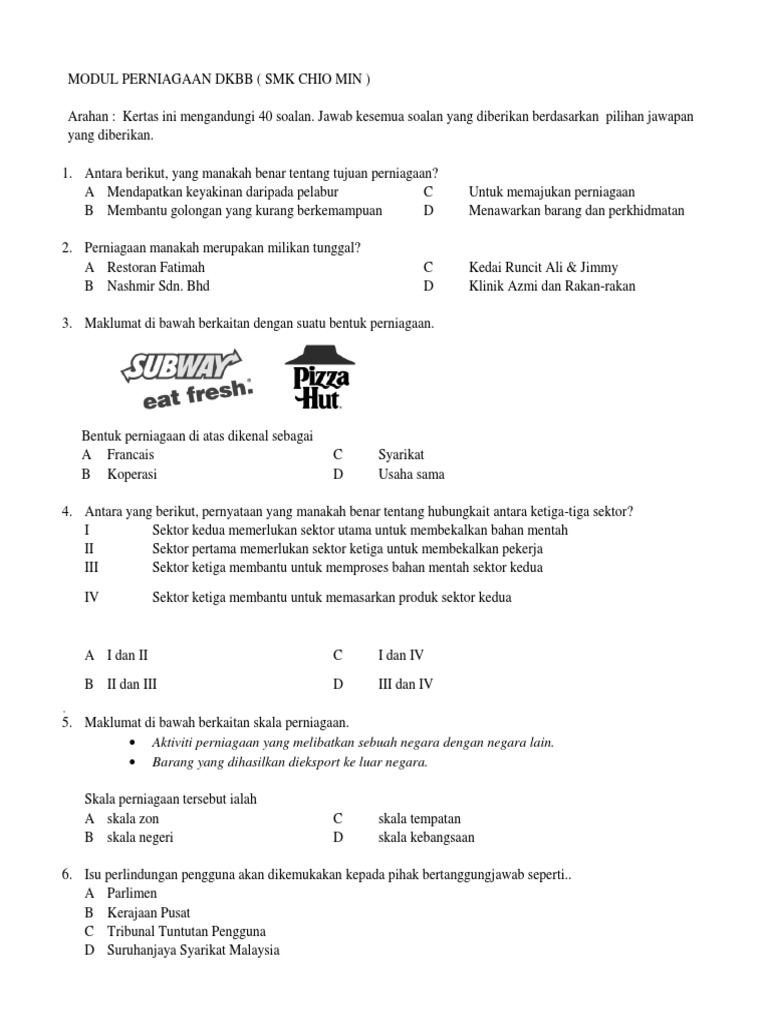 Contoh Soalan Perniagaan Tingkatan 4 Bab 1