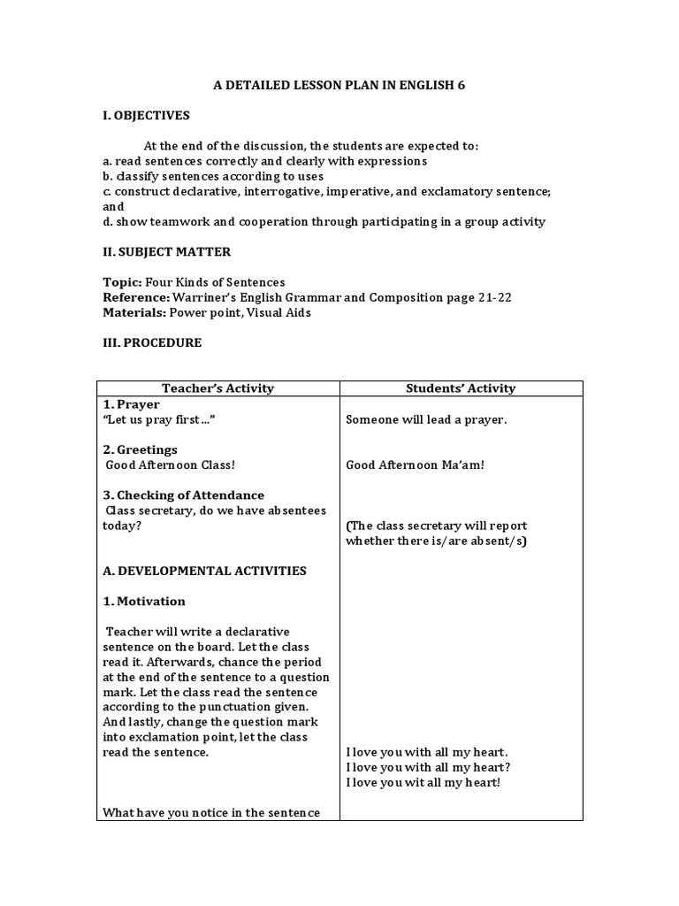 Lesson Plan: Four Types of Sentences | PDF | Question | Sentence ...