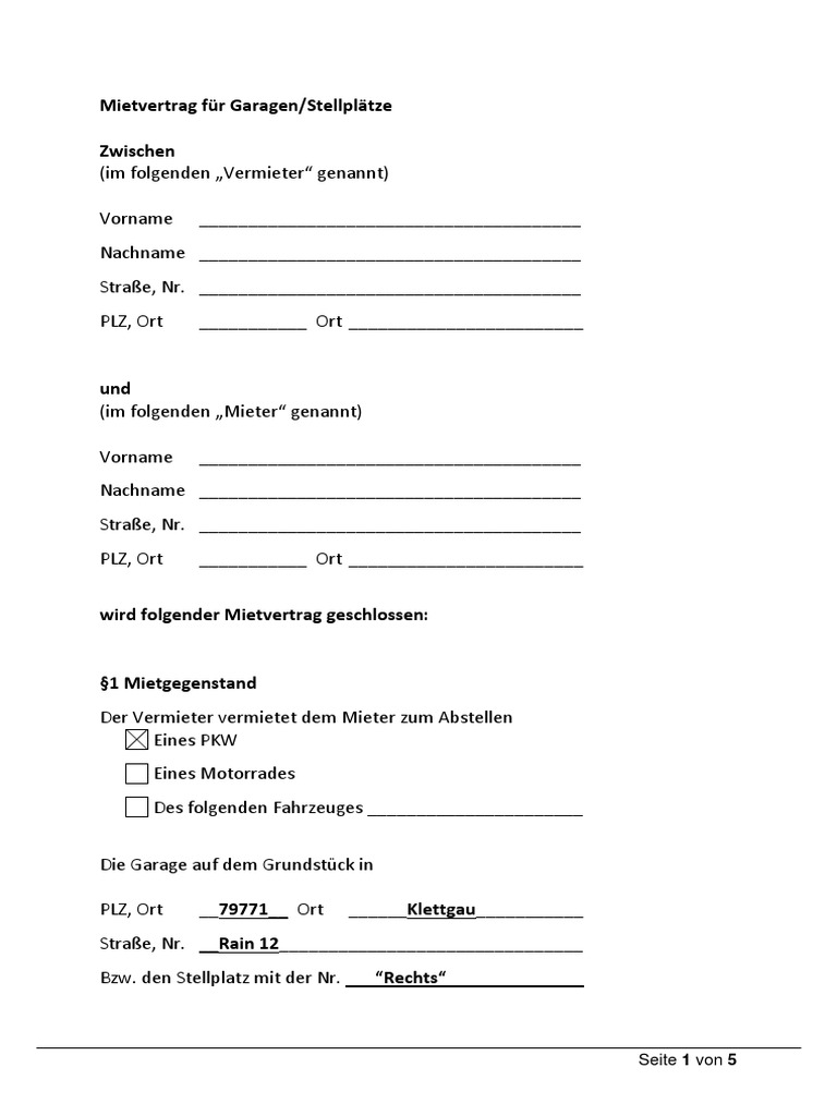 Mietvertrag Fur Garagen Pdf