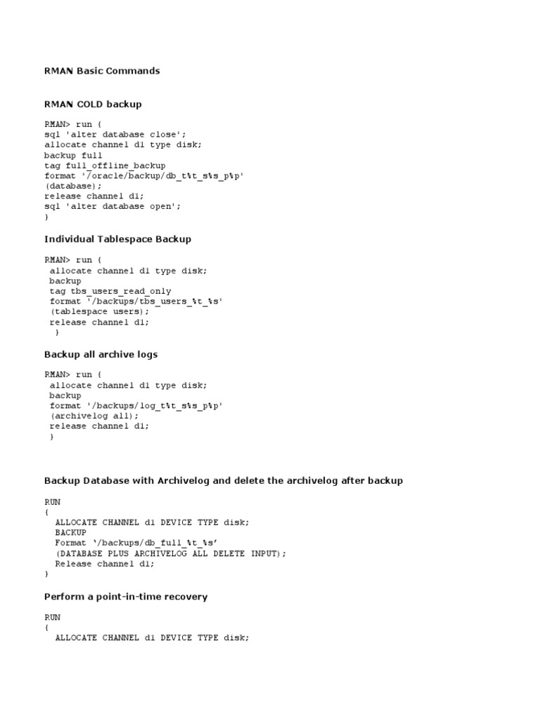 RMAN Basic Commands PDF Backup Databases