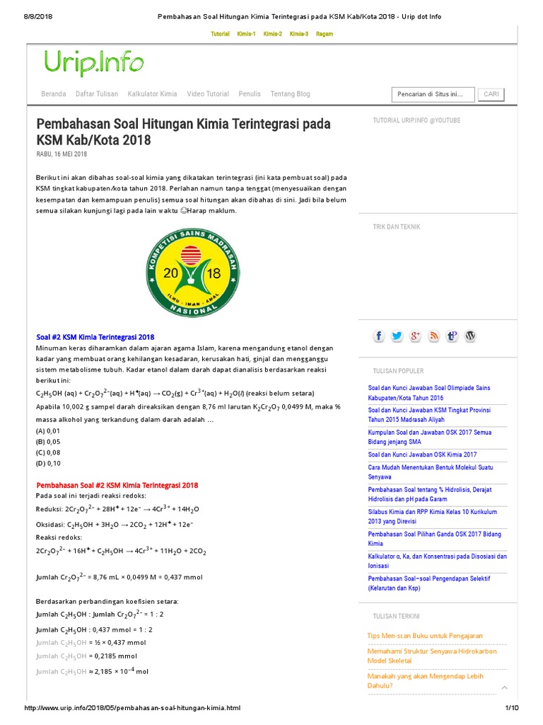 Pembahasan Soal Hitungan Kimia Terintegrasi Pada KSM Kab