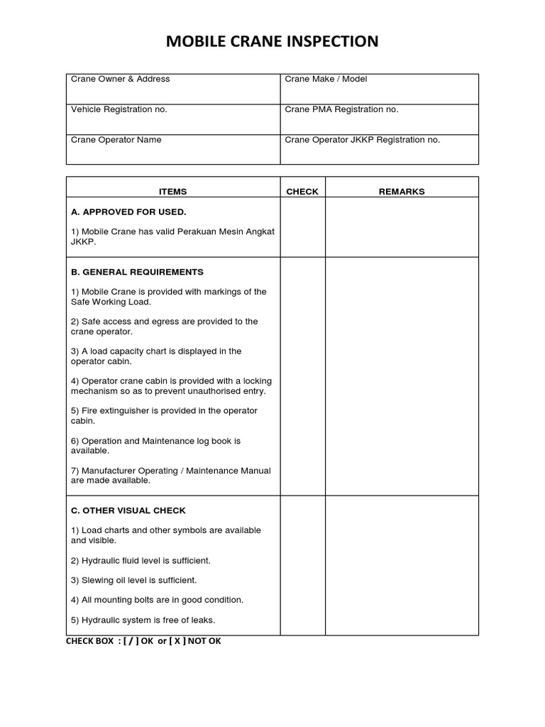 Mobile Crane Checklist Crane (Machine) Mechanical Engineering