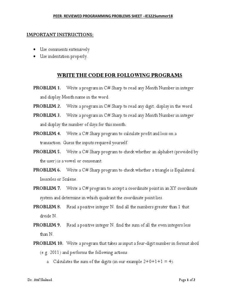 C# Programming Problems for Beginners | PDF | C Sharp (Programming ...