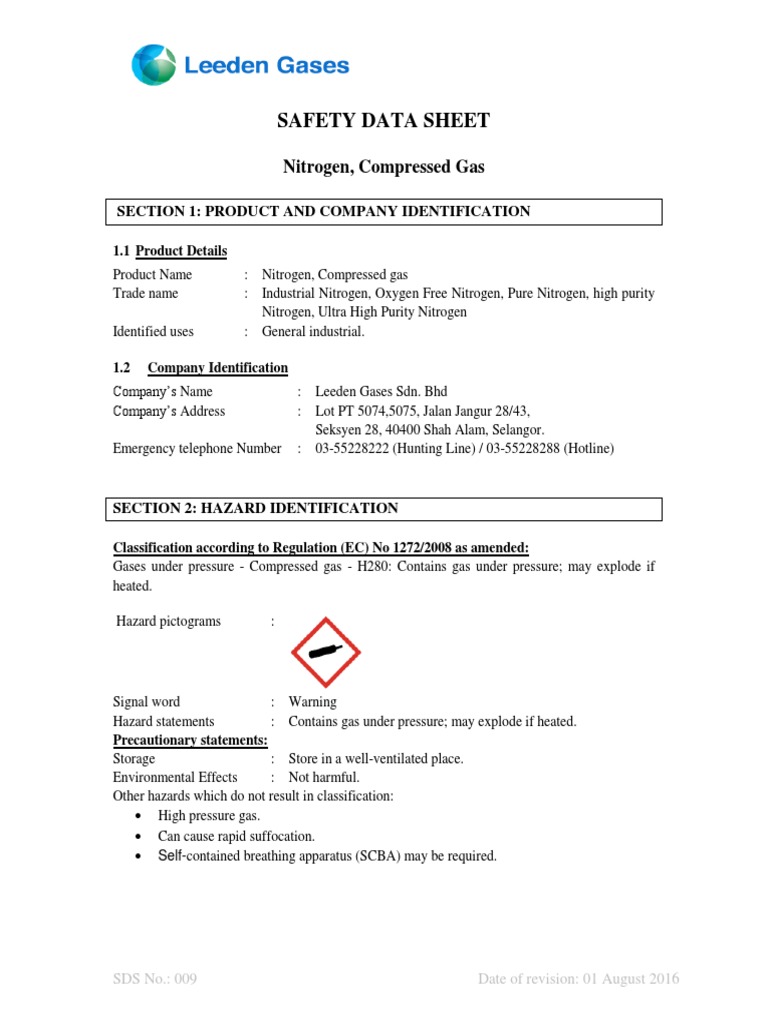 Safety Data Sheet: Nitrogen, Compressed Gas | Download Free PDF | Valve ...