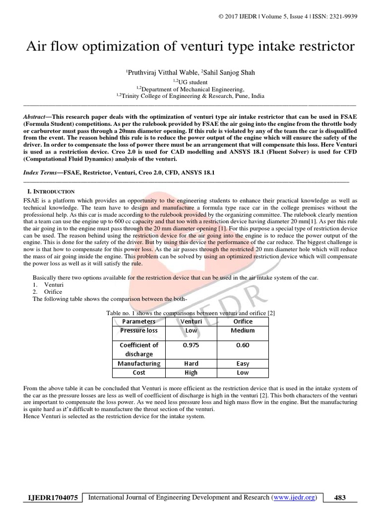 Air Flow Optimization of Venturi Type Intake Restrictor PDF Fluid