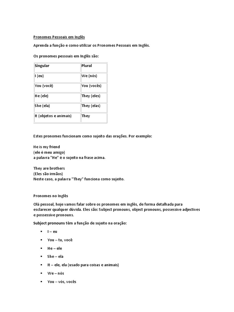 Pronomes Pessoais em Inglês: Guia Completo | PDF | Assunto (gramática ...