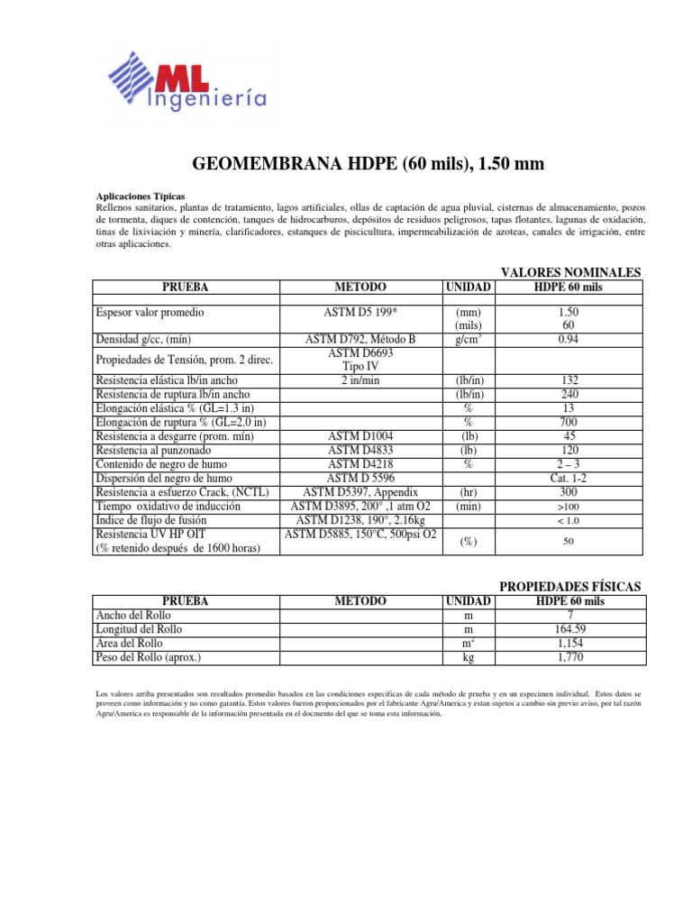 Especificaciones de Geomembrana HDPE 60 mils | PDF | Naturaleza