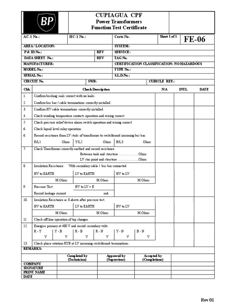 Cupiagua CPF Power Transformers Function Test Certificate PDF