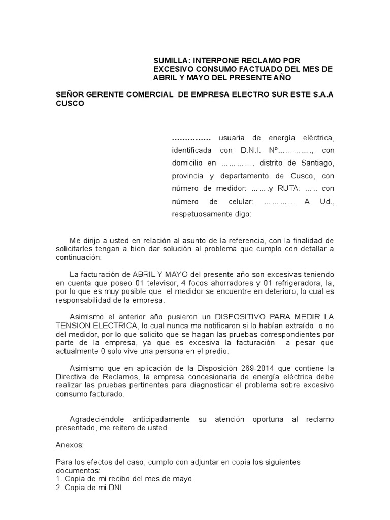 Reclamo por Cobro Excesivo de Luz | PDF