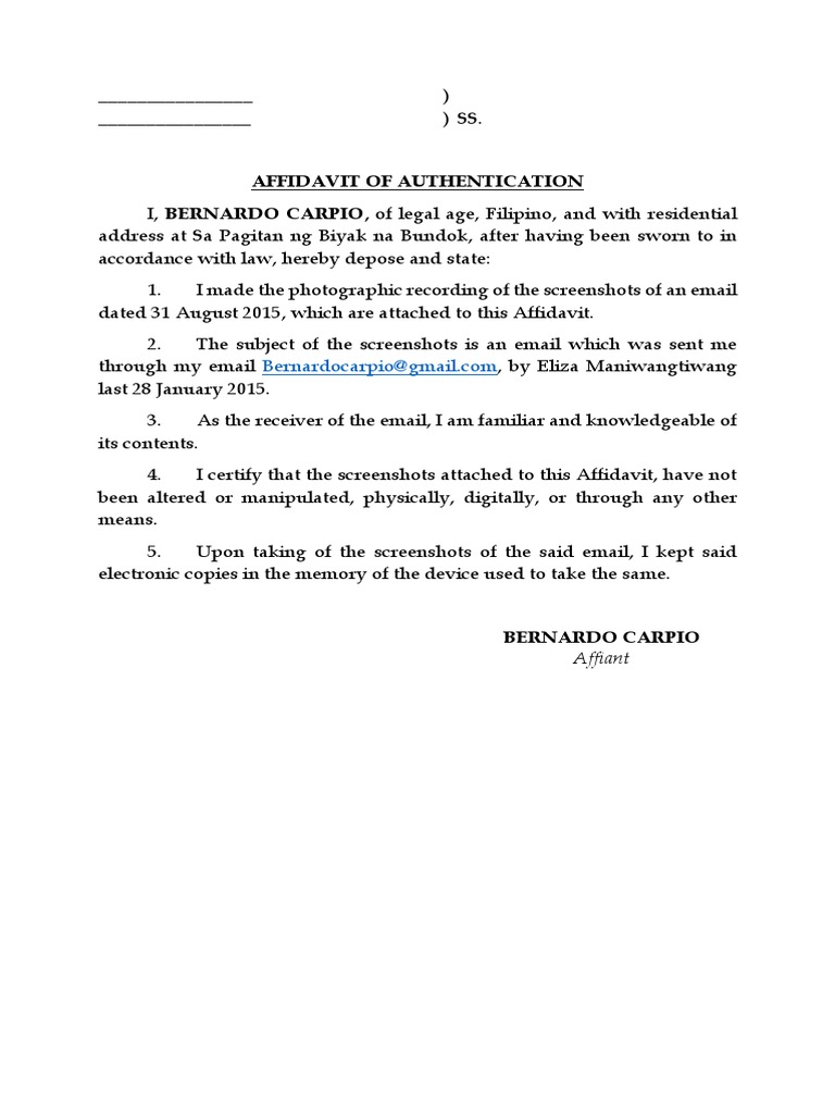 Sample - Affidavit of Authentication | Affidavit | Civil Law (Common Law)