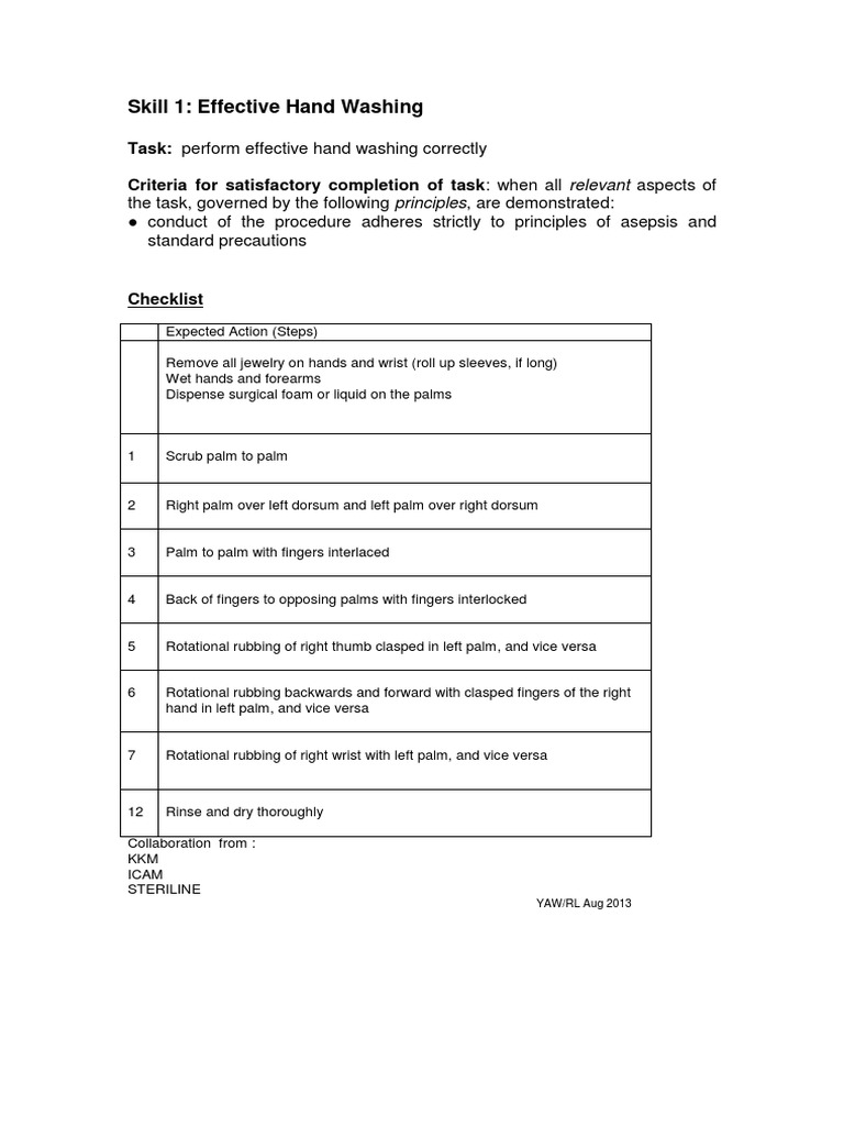 Skill 1 Effective Hand Washing | PDF