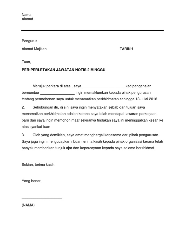 Format Surat Berhenti Kerja 2 Minggu