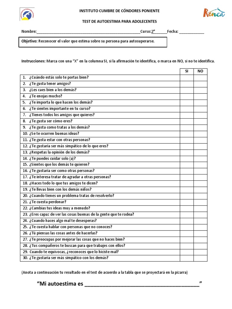 Test de Autoestima para Adolescentes | PDF | Crecimiento personal y ...