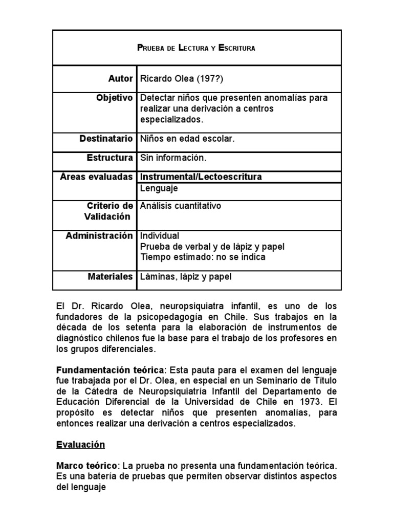 Prueba De Lectura Y Escritura Pdf Prueba Evaluación Lingüística
