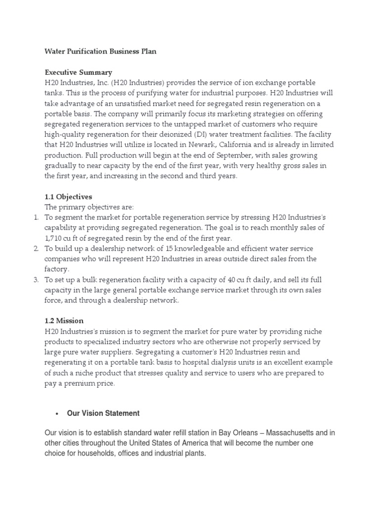 Water Purification Business Plan PDF Ion Exchange Purified Water