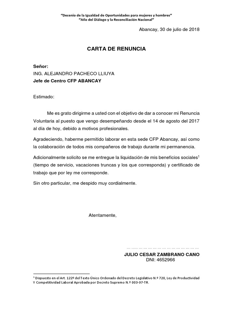 Carta de Renuncia  Gobierno  Política