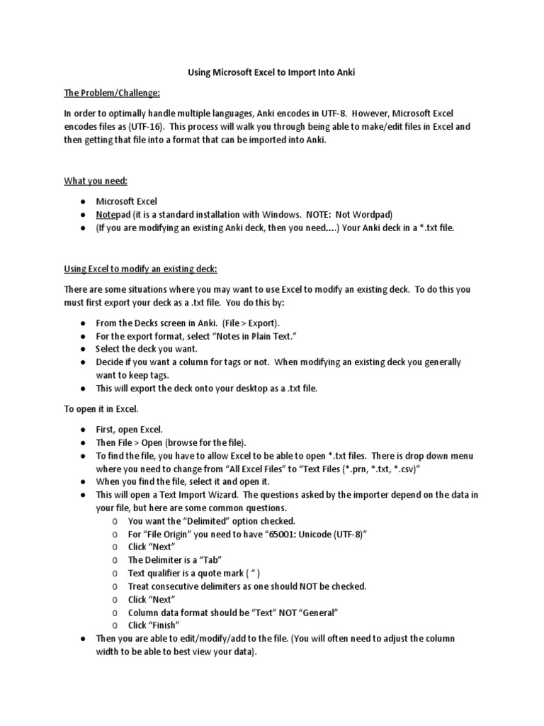 Using Excel To Import Into Anki Pdf Text File Microsoft Excel