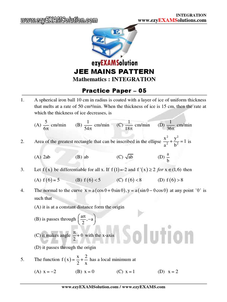 JEE Mains Integration Practice Paper 5 | PDF | Maxima And Minima | Tangent