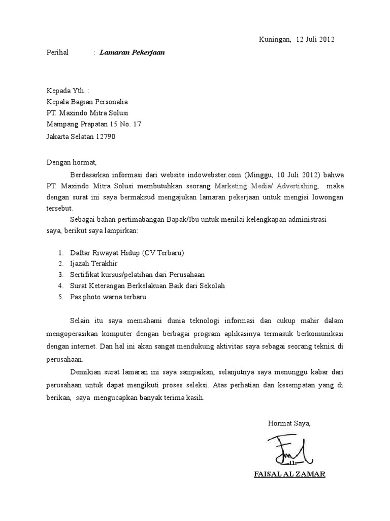 Contoh Lamaran Kerja Dan Cv Pdf - Simak Gambar Berikut