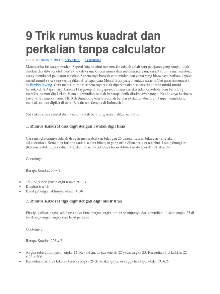 9 Trik Rumus Kuadrat Dan Perkalian Tanpa | PDF | Metode & Bahan Ajar