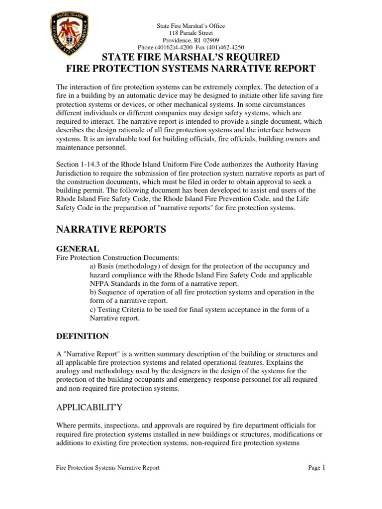 Required Fire Protection Systems Narrative Report 52907 Fire Safety