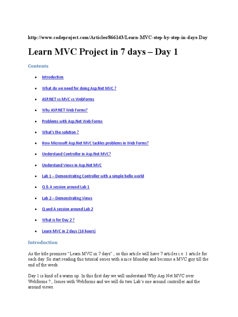 Learn ASP.NET MVC in 7 Days: Day 1 | PDF | Entity Framework | Model ...