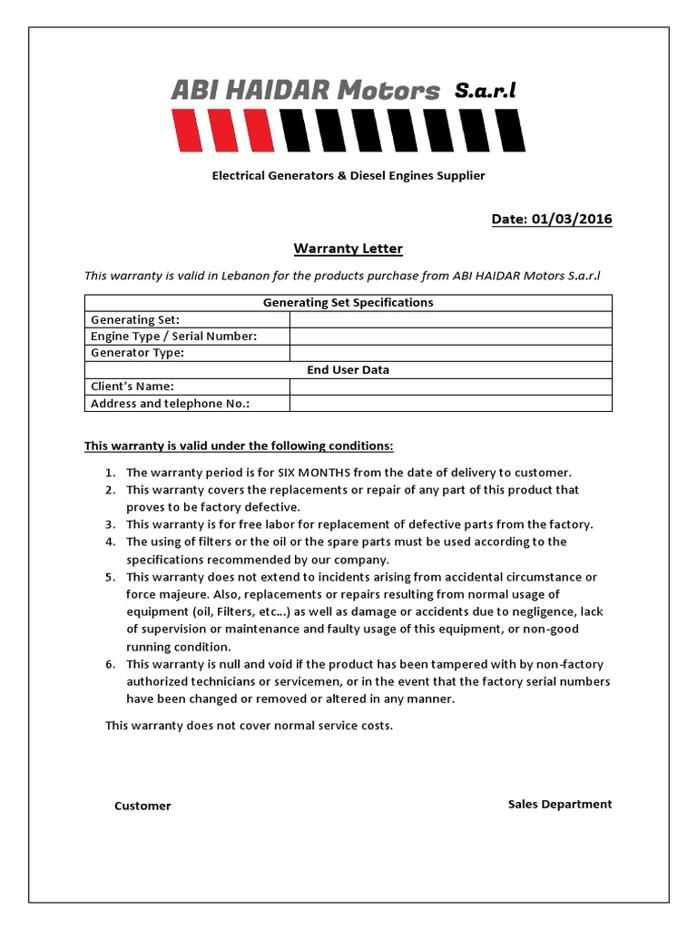 Warranty Letter for Electrical Generators | PDF