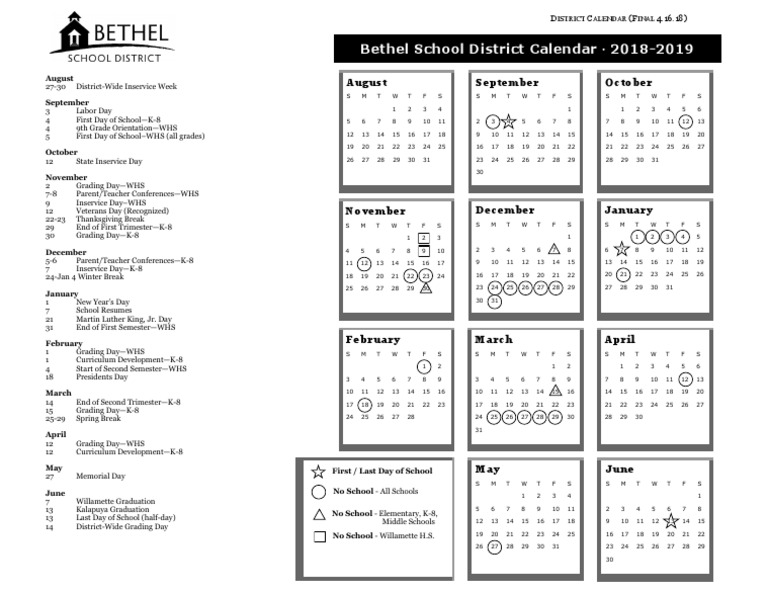 Bethel Schools 2018 2019 Calendar PDF Academic Term Change