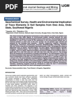 Geochemical Survey, Health and Environmental Implication of Trace Elements in Soil Samples from Owo Area, Ondo State, Southwest Nigeria