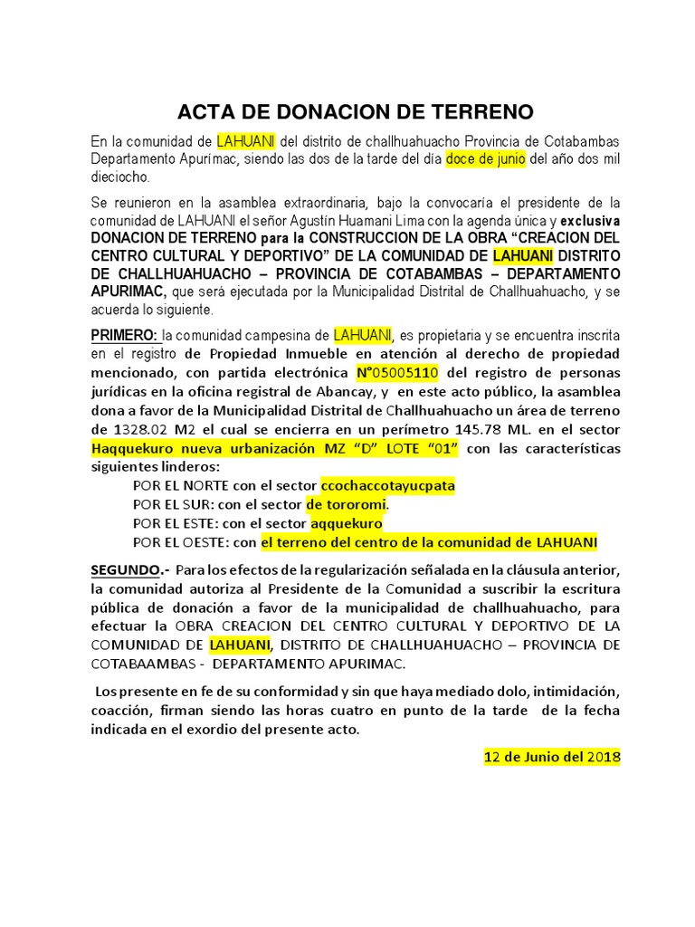 Donación de Terreno para Centro Cultural en Lahuani | PDF | Gobierno ...