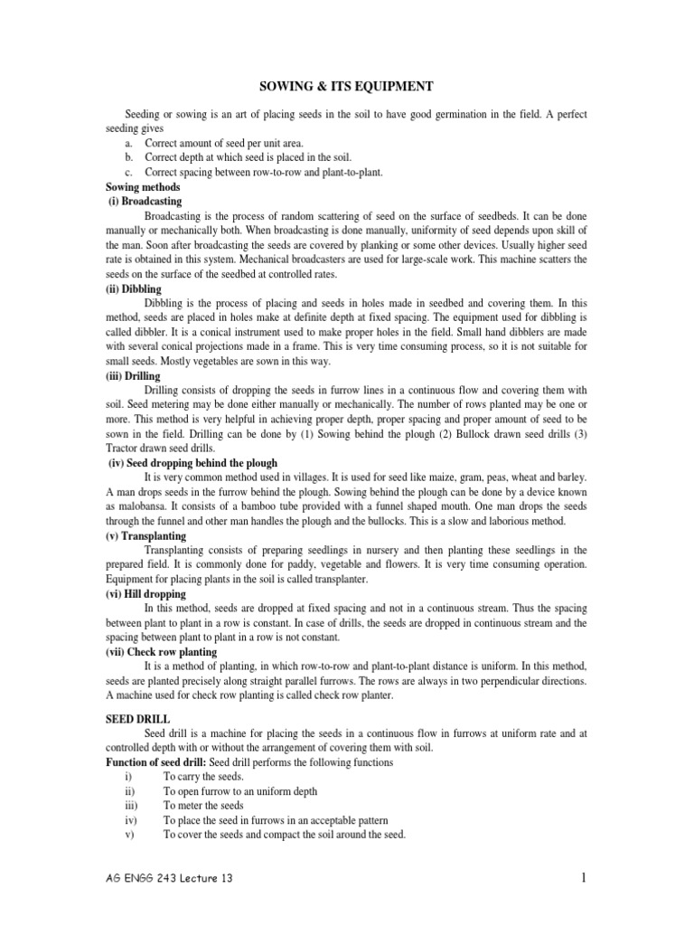 Sowing Methods and Equipment Overview | PDF | Sowing | Plough
