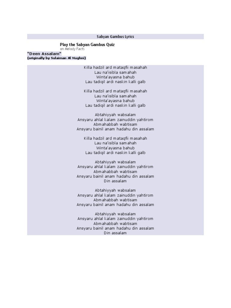 Lirik Deen Assalam Pdf