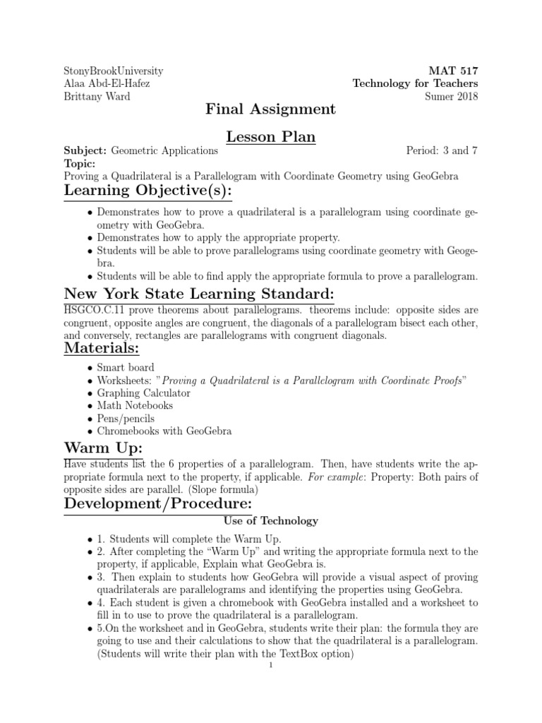Final Assignment Lesson Plan | PDF | Euclidean Plane Geometry ...