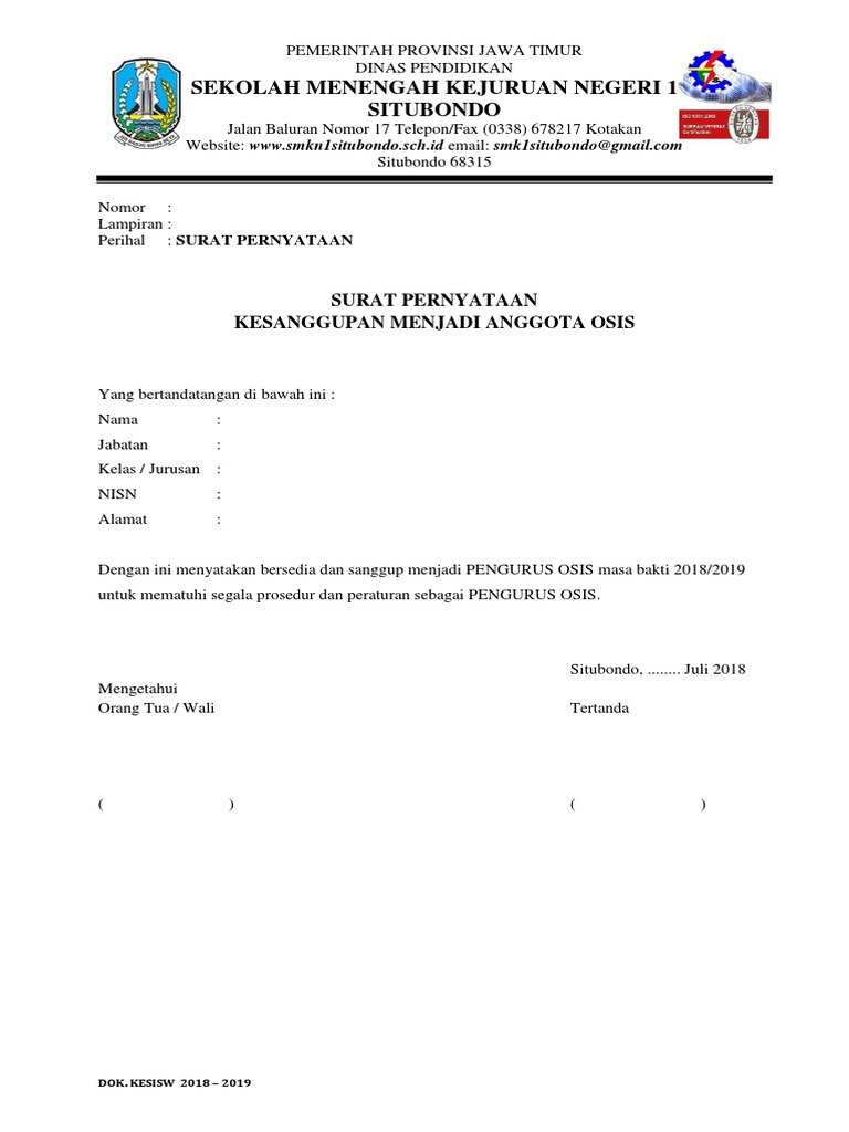 Contoh Surat Keterangan Pengurus Osis
