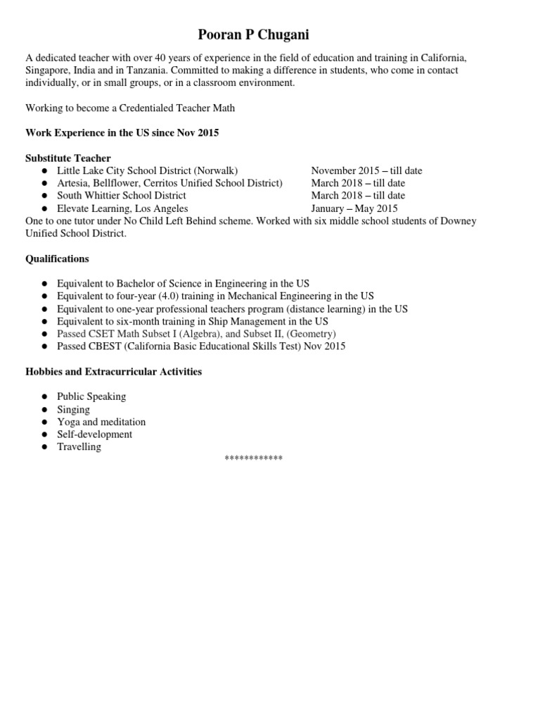 Experienced Educator Seeking Math Credential | PDF | Wellness