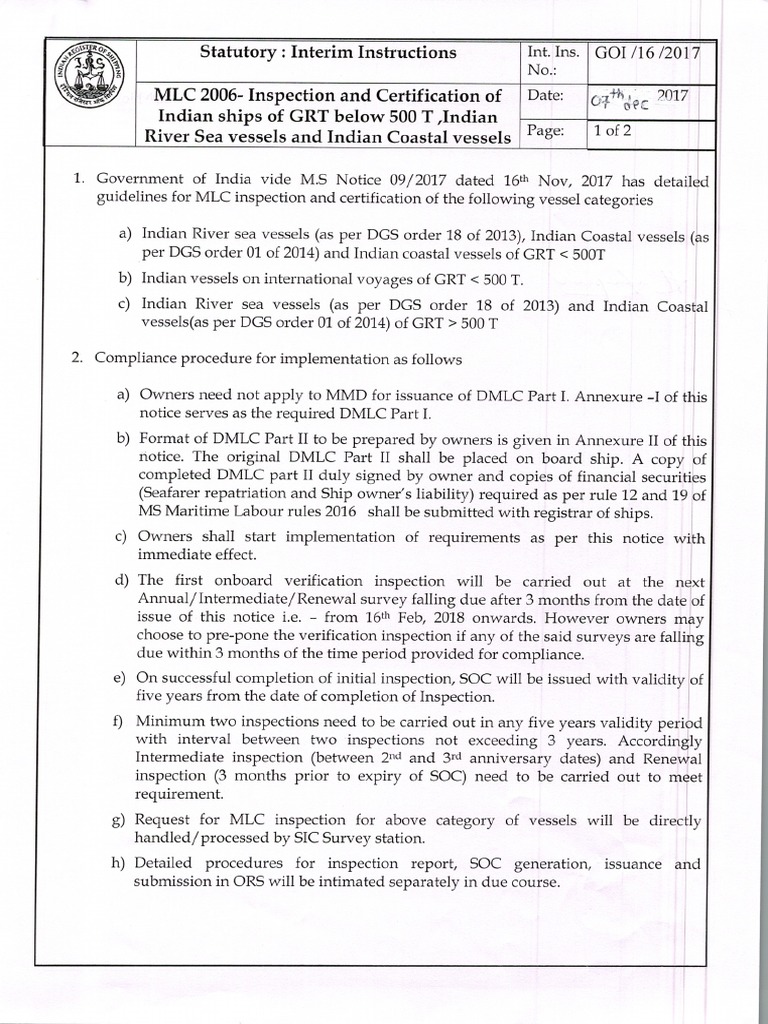 MLC 2006 - Inspection and Certification of Indian Ships of GRT Below ...