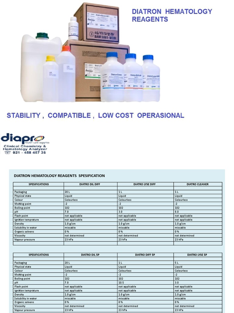 Diatron Hematology Reagents Specs | PDF | Liquids | Pressure