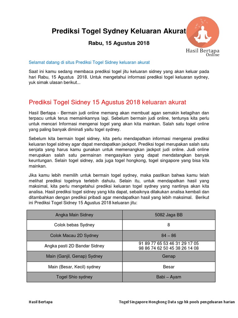 Prediksi Togel Sydney 15 Juni 2018 Prediksi Sidney Jitu Akurat Hasil Bertapa Pdf