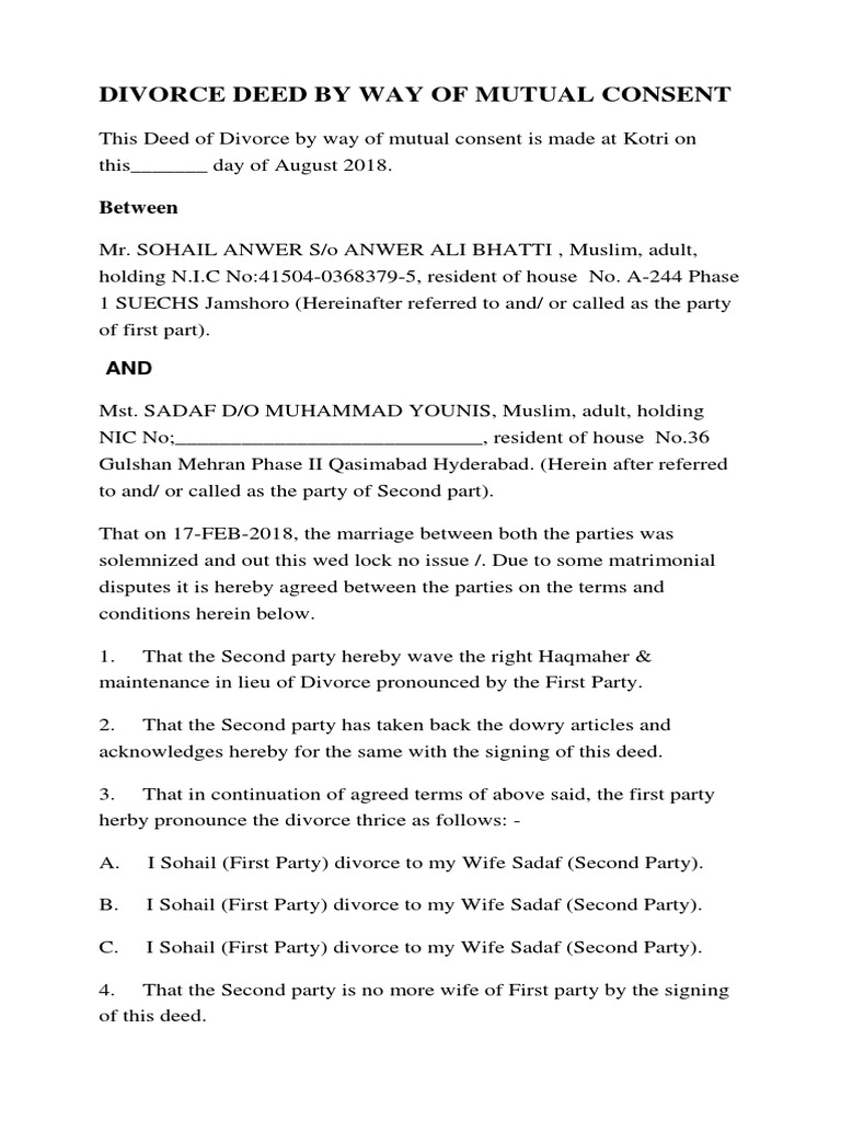 Mutual Divorce Deed in Pakistan | PDF