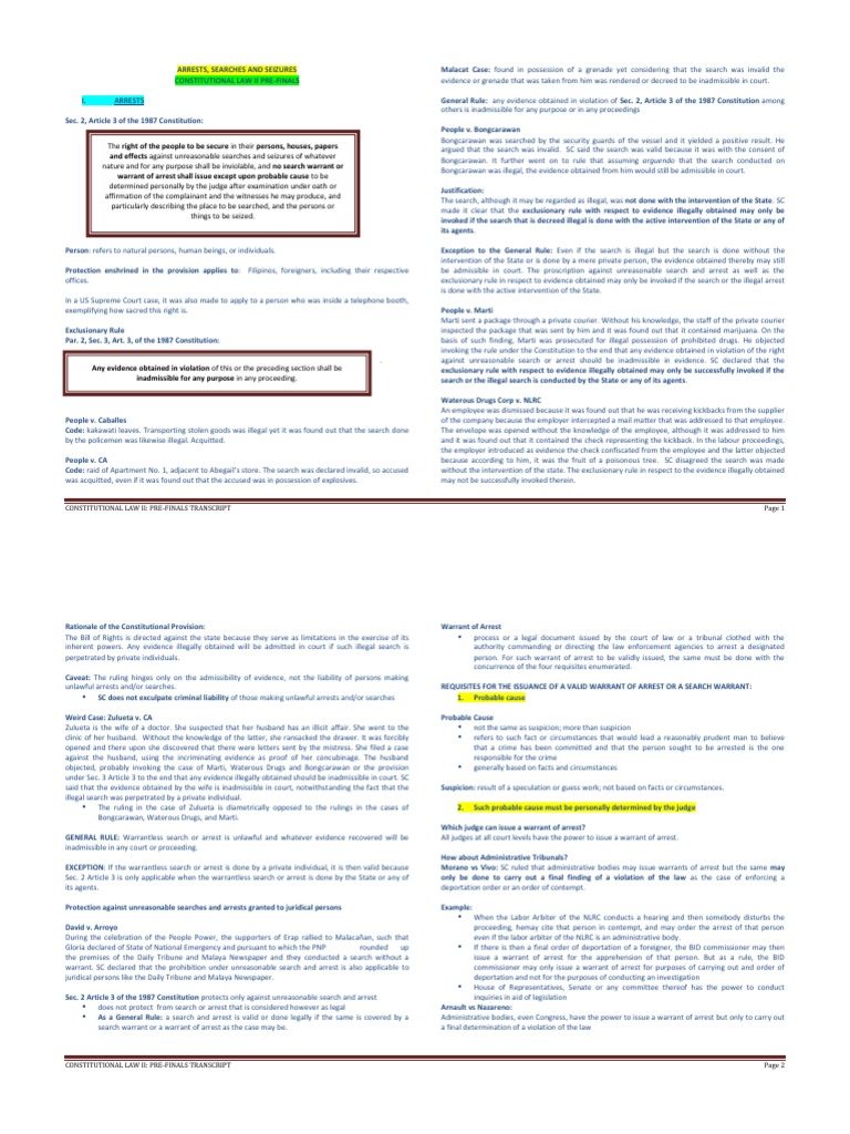 Arrests and Searches in Constitutional Law | PDF | Search And Seizure ...