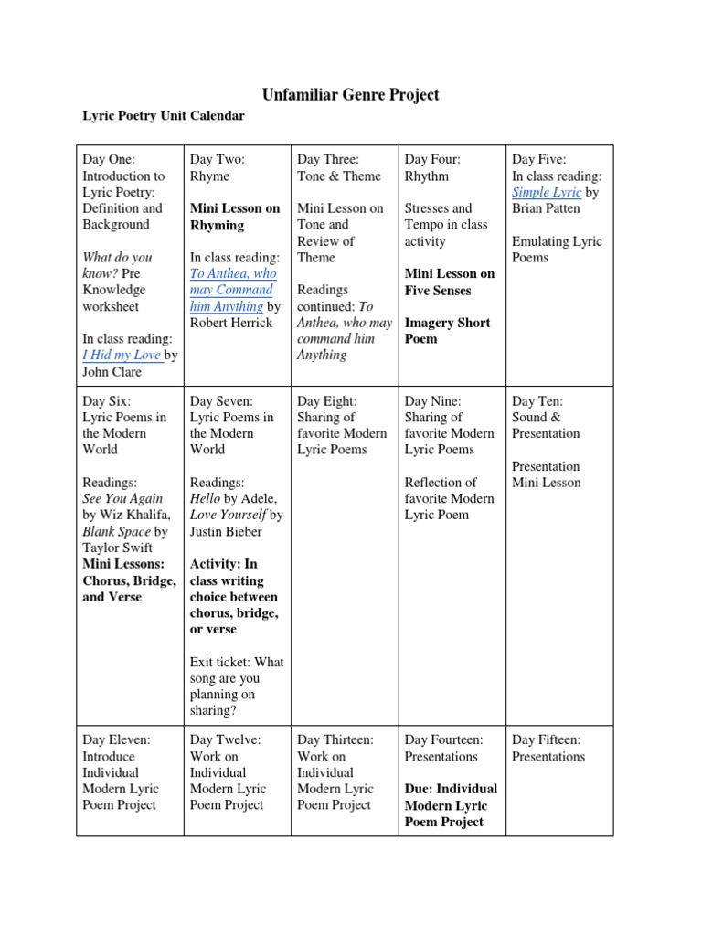 Grade 7 Lyric Poetry Lesson Plan | PDF | Rhyme | Poetry
