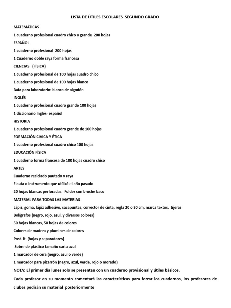 Lista de Útiles para Segundo Grado 2025 | PDF