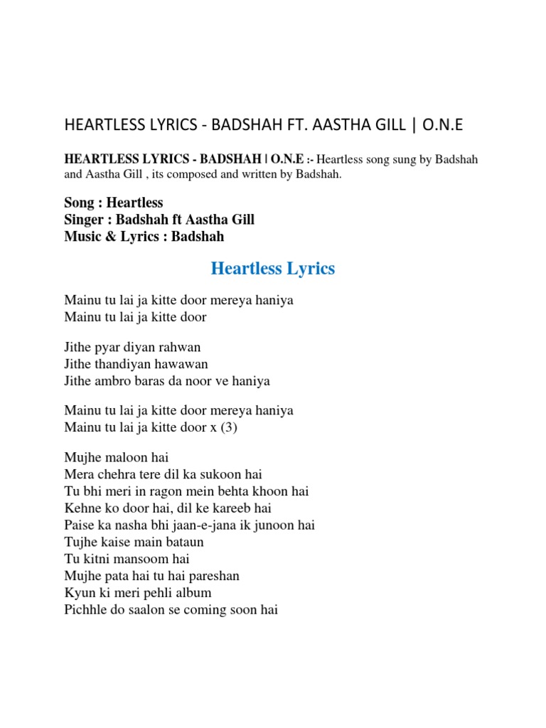 Heartless Lyrics Badshah Feat Aastha Gill heartless lyrics badshah feat aastha gill