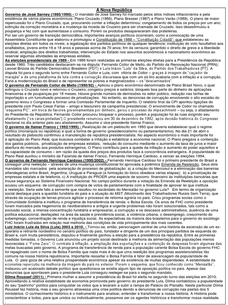Resumo e Atividades Sobre Nova Republica | PDF | Brasil | Luiz Inácio ...