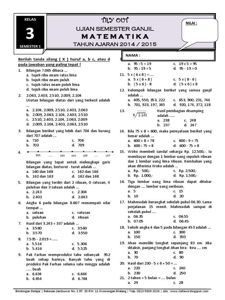 Soal Matematika Kelas 3 SD Semester 1 | PDF | Metode & Bahan Ajar