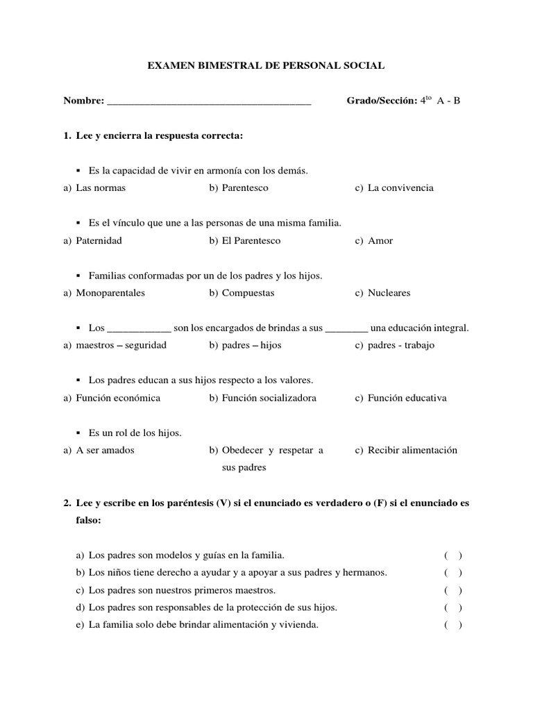 Examen Bimestral de Personal Social | PDF | Familia